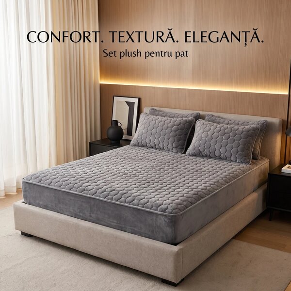 Set lenjerie de pat plusata, husa cu elastic si 2 fete de perna, Gri