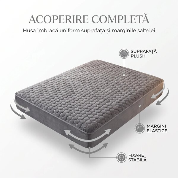 Set lenjerie de pat plusata, husa cu elastic si 2 fete de perna, Gri