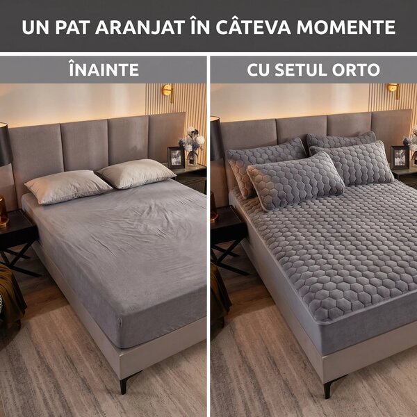 Set lenjerie de pat plusata, husa cu elastic si 2 fete de perna, Gri