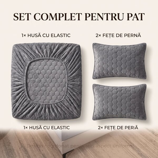Set lenjerie de pat plusata, husa cu elastic si 2 fete de perna, Gri