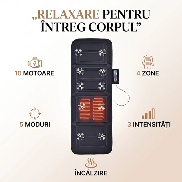 RESIGILAT- Saltea masaj corp intreg cu incalzire si 10 motoare, Negru