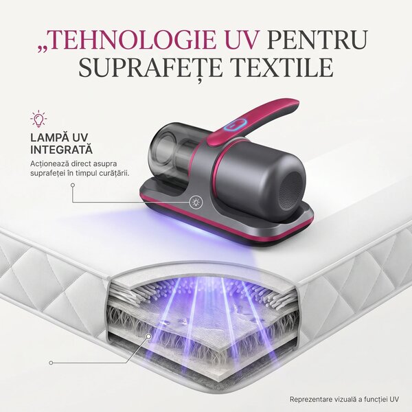 Aspirator antiacarieni wireless cu lampa UV si vibratii, pentru saltel