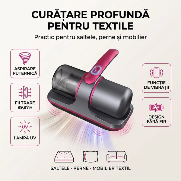 Aspirator antiacarieni wireless cu lampa UV si vibratii, pentru saltel