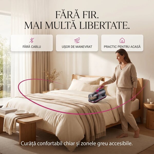 Aspirator antiacarieni wireless cu lampa UV si vibratii, pentru saltel