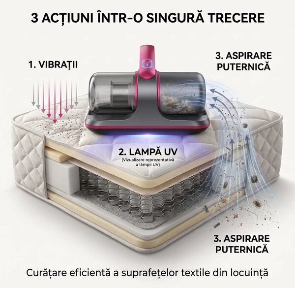Aspirator antiacarieni wireless cu lampa UV si vibratii, pentru saltel