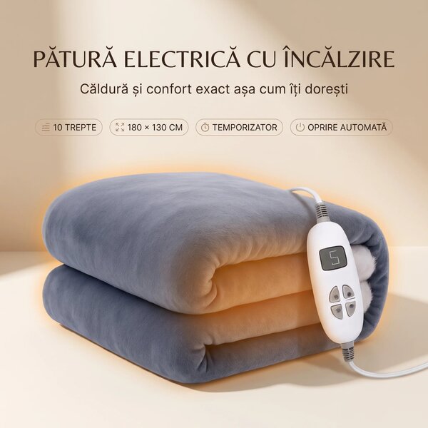 Patura electrica cu incalzire si telecomanda, 10 trepte, 180x130 cm, G