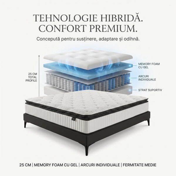 Saltea ortopedica hibrida cu arcuri individuale 7 zone si memory foam