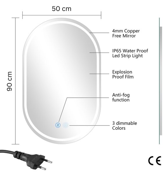 Erga Lyra, oglindă ovală LED 50x90cm, 3 culori de lumină, iluminare față și spate, pernă încălzitoare anti-aburire, ERG-V01-LYRA-5090-CL