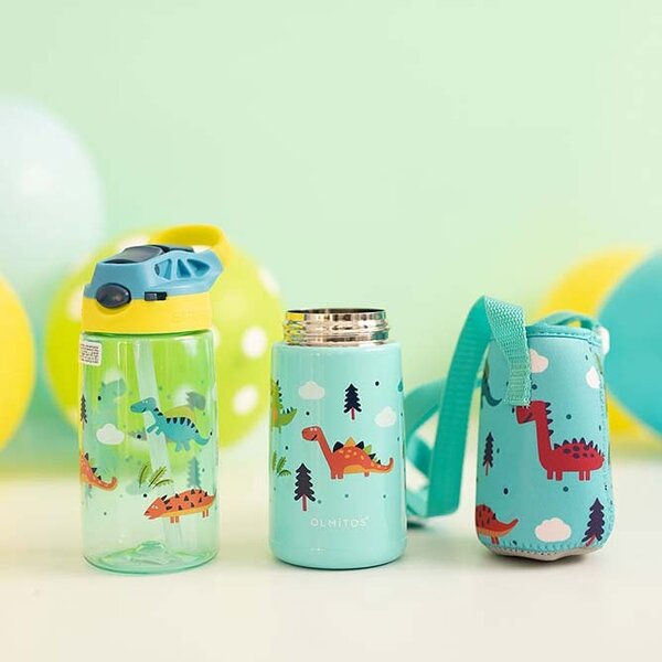 Set 3 in 1 recipient din tritan cu pai 500 ml, termos otel inoxidabil 350 ml, cu capac,maner, husa neopren si bretea transport Olmitos Dino