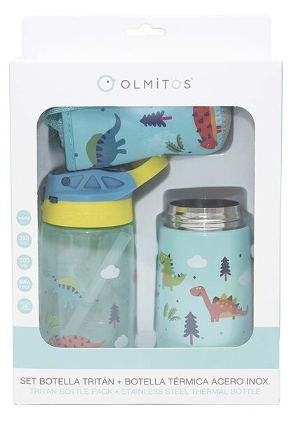 Set 3 in 1 recipient din tritan cu pai 500 ml, termos otel inoxidabil 350 ml, cu capac,maner, husa neopren si bretea transport Olmitos Dino