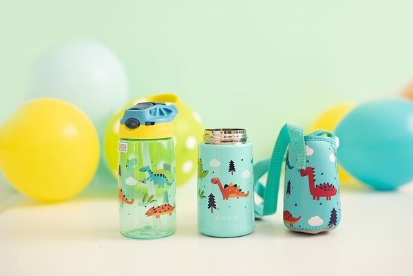 Set 3 in 1 recipient din tritan cu pai 500 ml, termos otel inoxidabil 350 ml, cu capac,maner, husa neopren si bretea transport Olmitos Dino