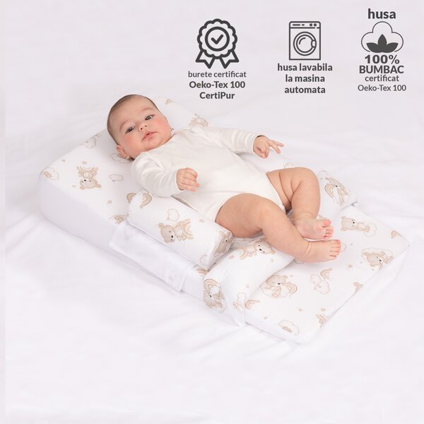 Perna antireflux pentru bebe 4 in 1 Kidizi Sleepy Bear – pozitionare inclinata pentru reflux, colici si confort dupa masa