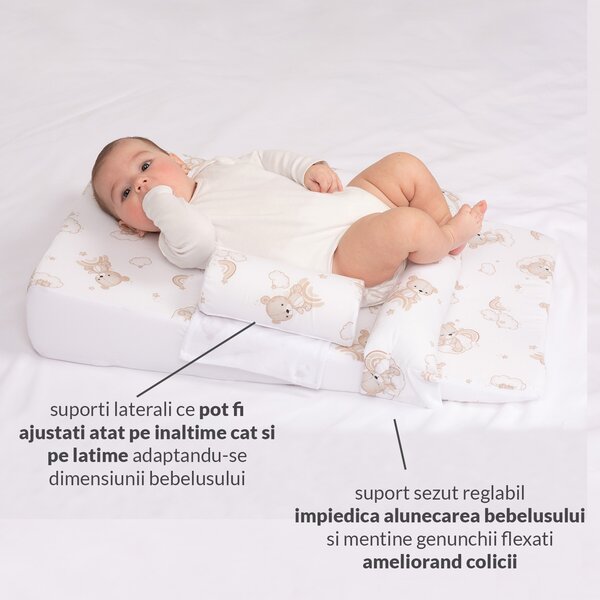 Perna antireflux pentru bebe 4 in 1 Kidizi Sleepy Bear – pozitionare inclinata pentru reflux, colici si confort dupa masa