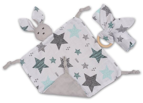 Set 3 piese din muselina Kidizi All Mint Stars, include paturica muselina, jucarie atasament si inel de dentitie din lemn