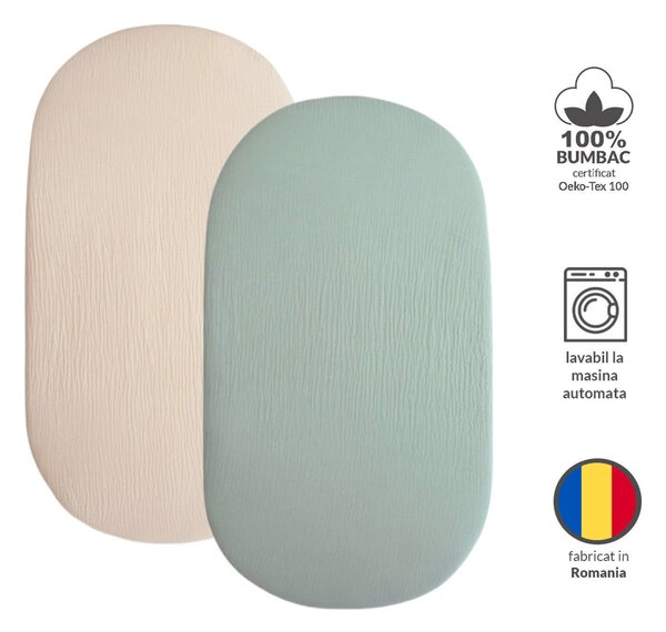 Set 2 cearceafuri din muselina dubla cu elastic roata pentru landou sau cosulet de rachita Kidizi mint, bumbac 100%
