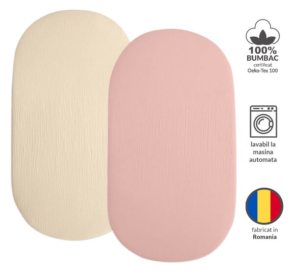 Set 2 cearceafuri din muselina dubla cu elastic roata pentru landou sau cosulet de rachita Kidizi pink, bumbac 100%