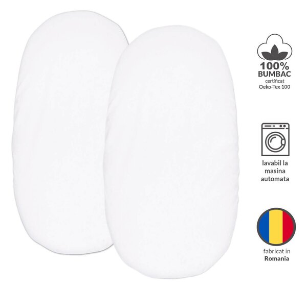 Set 2 cearceafuri din bumbac cu elastic roata pentru landou sau cosulet de rachita Kidizi Alb
