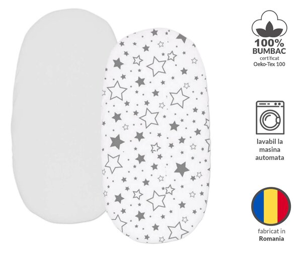 Set 2 cearceafuri din bumbac cu elastic roata pentru landou sau cosulet de rachita Kidizi Galaxy Grey