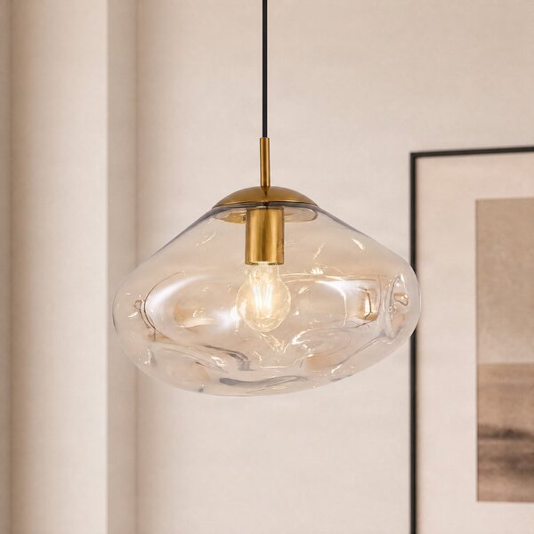 Lindby Lampă suspendată Lelia, chihlimbar, sticlă, Ø 35 cm, reglabil, Bej, Camera de zi / sufragerie, Sticlă, Design