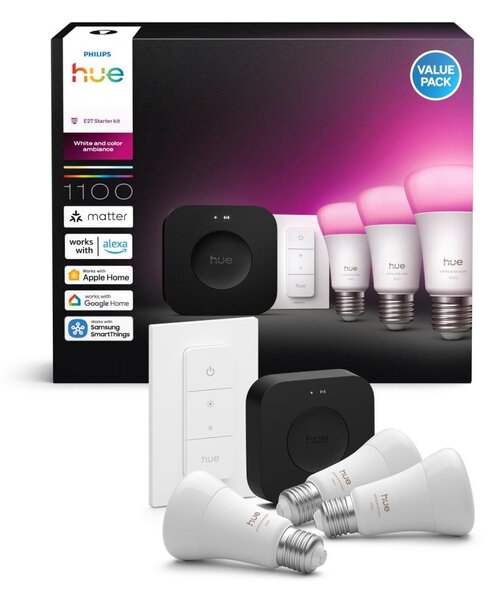 Kit de bază Philips Hue WACA 3xE27/8,1W 1000-20000K + bridge și întrerupător cu variator