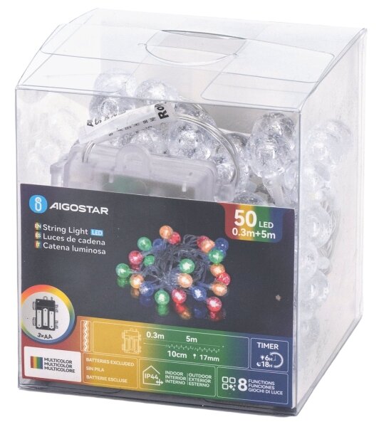 Aigostar - LED șir de lumini de Crăciun pentru exterior 50xLED/8 funcții 3xAA 5,3m IP44 multicolor