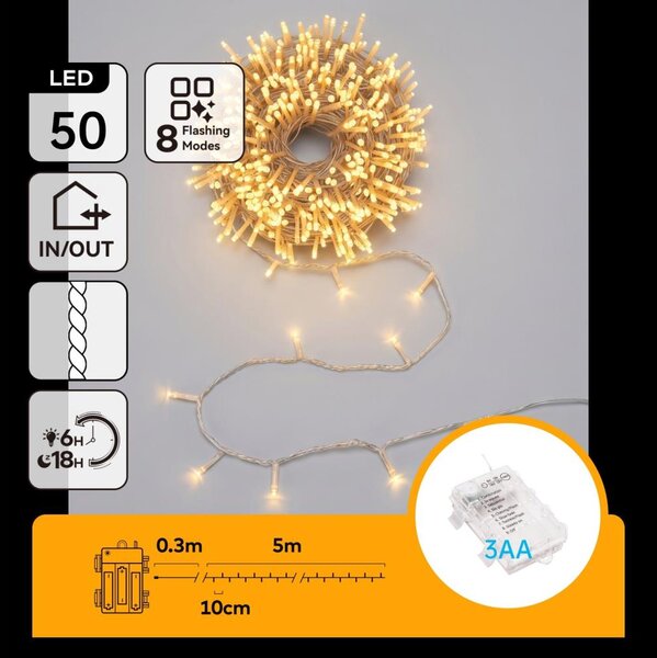 Aigostar - LED ghirlandă de Crăciun de exterior 50xLED/8 funcții 3xAA 5,3m IP44 alb cald