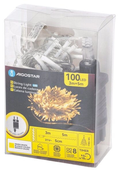 Aigostar - LED Ghirlandă luminoasă de exterior pentru Crăciun 100xLED/8 funcții 5,3m IP44 alb cald