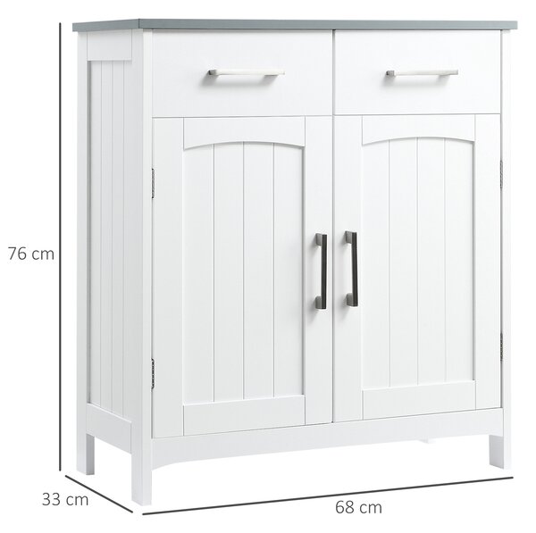 Kleankin Dulapior Baie Multifuncțional, 2 Uși, 2 Sertare, Raft Reglabil, MDF, 68x33x76cm, Alb | Aosom Romania