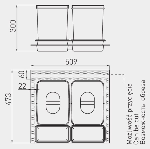 Cos gunoi MULTINO pentru sistem ModernBox, 2 cuve x15 l, h=300 mm, 473x509 mm, finisaj gri PB-91104100B5