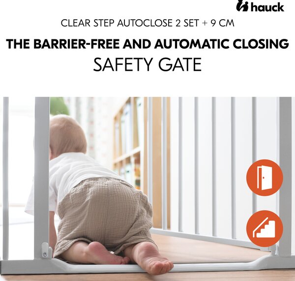 Poarta siguranta Hauck, Clear Step Autoclose 2 White, 75-80 cm, Cu extensie + 9 cm, 84-89cm, Inchidere magnetica automata din ambele parti