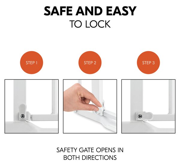 Poarta siguranta Hauck, Clear Step Autoclose 2 White, 75-80 cm, Cu extensie + 9 cm, 84-89cm, Inchidere magnetica automata din ambele parti
