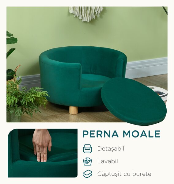 PawHut Canapea Verde Luxoasă pentru Câini, cu Spătar și Pernă Detașabilă, 65x64x37 cm | Aosom Romania