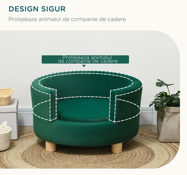 PawHut Canapea Verde Luxoasă pentru Câini, cu Spătar și Pernă Detașabilă, 65x64x37 cm | Aosom Romania