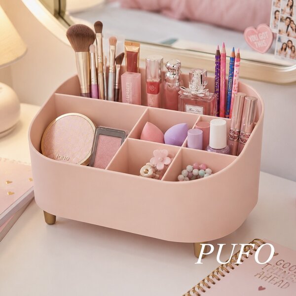 Organizator make-up Pufo Pinky cu 6 compartimente si picioruse pentru pensule, parfumuri și cosmetice, 22 x 16 cm, roz