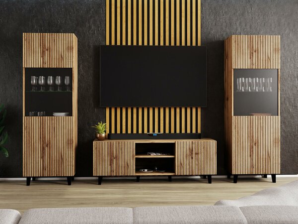 Set de living Comes, Negru, Stejar Wotan, PAL laminat, Sticlă călită, MDF