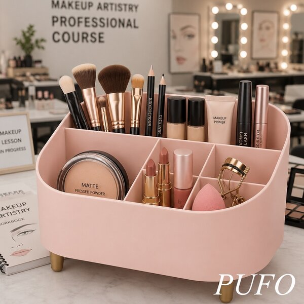 Organizator make-up Pufo Pinky cu 6 compartimente si picioruse pentru pensule, parfumuri și cosmetice, 22 x 16 cm, roz