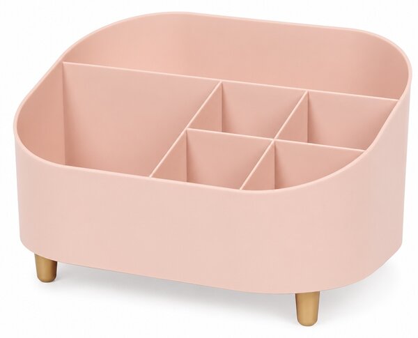Organizator make-up Pufo Pinky cu 6 compartimente si picioruse pentru pensule, parfumuri și cosmetice, 22 x 16 cm, roz