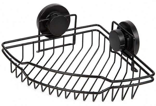 Raft tip coltar de baie metalic Pufo Bath cu ventuze, suport triunghiular pentru depozitare, 22 x 22 x 8 cm, negru