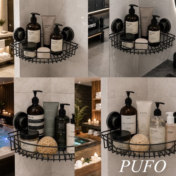 Raft tip coltar de baie metalic Pufo Bath cu ventuze, suport triunghiular pentru depozitare, 22 x 22 x 8 cm, negru