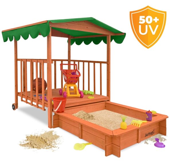 Zonă cu nisip și verandă 130 x 130 x 143 cm, din masiv de pin, maro verde
