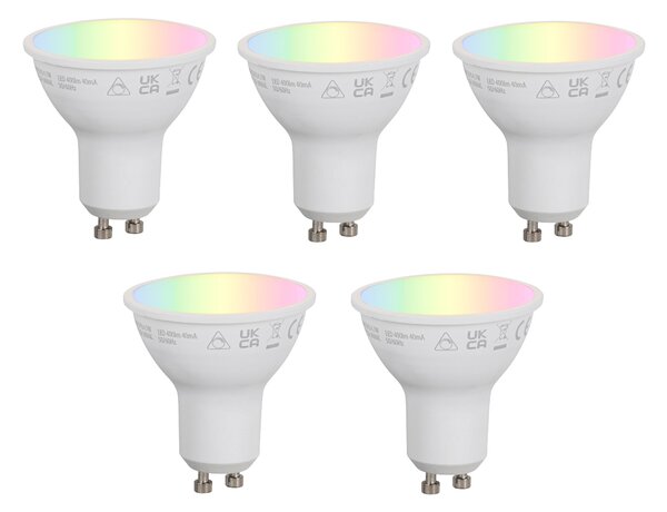 Set de 5 becuri LED inteligente GU10 50mm, reglabile, opale, RGBW, 4.7W, 400 lm, 2700-6500K, Zigbee
