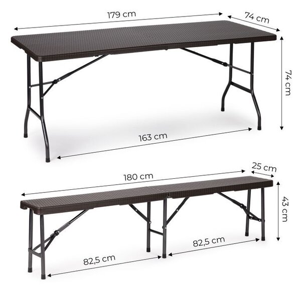 Set Masa De Gradina Cu 2 Banci, Pentru Terasa Sau Curte, Pliabila, Dreptunghiulara, Cadrul Otel, Dimensiune 180x74x74, Ratan, Culoare Negru