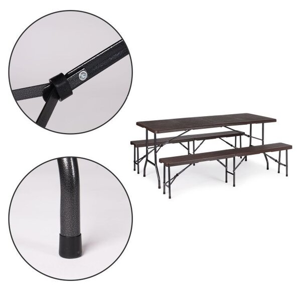 Set Masa De Gradina Cu 2 Banci, Pentru Terasa Sau Curte, Pliabila, Dreptunghiulara, Cadrul Otel, Dimensiune180x74x74, Culoare Maro