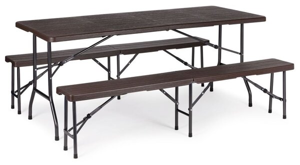 Set Masa De Gradina Cu 2 Banci, Pentru Terasa Sau Curte, Pliabila, Dreptunghiulara, Cadrul Otel, Dimensiune180x74x74, Culoare Maro