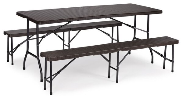 Set Masa De Gradina Cu 2 Banci, Pentru Terasa Sau Curte, Pliabila, Dreptunghiulara, Cadrul Otel, Dimensiune 180x74x74, Ratan, Culoare Negru