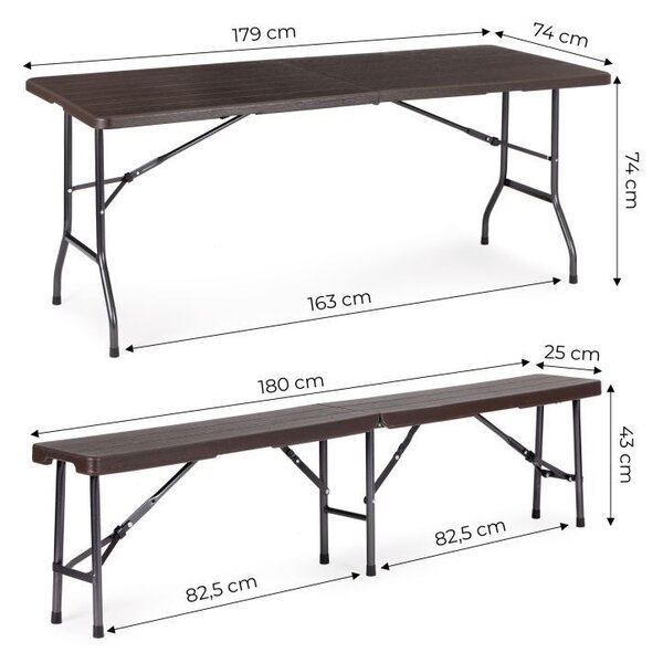 Set Masa De Gradina Cu 2 Banci, Pentru Terasa Sau Curte, Pliabila, Dreptunghiulara, Cadrul Otel, Dimensiune180x74x74, Culoare Maro