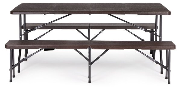 Set Masa De Gradina Cu 2 Banci, Pentru Terasa Sau Curte, Pliabila, Dreptunghiulara, Cadrul Otel, Dimensiune180x74x74, Culoare Maro