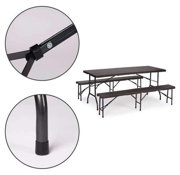 Set Masa De Gradina Cu 2 Banci, Pentru Terasa Sau Curte, Pliabila, Dreptunghiulara, Cadrul Otel, Dimensiune 180x74x74, Ratan, Culoare Negru