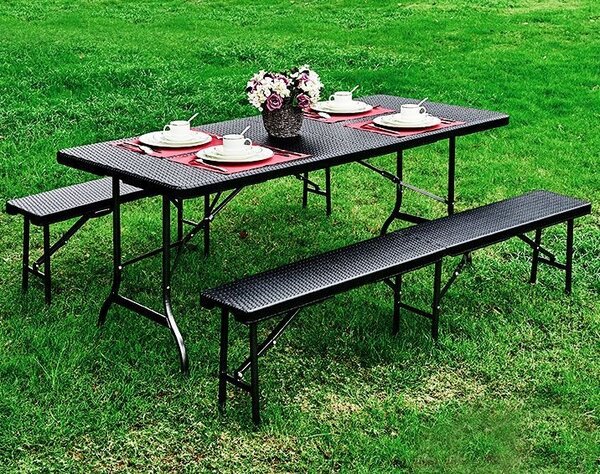 Set Masa De Gradina Cu 2 Banci, Pentru Terasa Sau Curte, Pliabila, Dreptunghiulara, Cadrul Otel, Dimensiune 180x74x74, Ratan, Culoare Negru