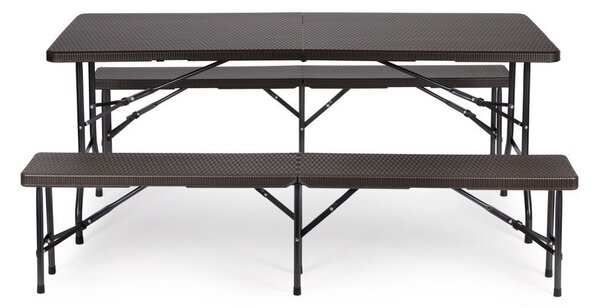 Set Masa De Gradina Cu 2 Banci, Pentru Terasa Sau Curte, Pliabila, Dreptunghiulara, Cadrul Otel, Dimensiune 180x74x74, Ratan, Culoare Negru